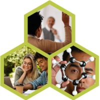 Images of happy students inside a hexagon trifecta